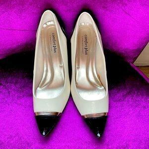 Two-tone black and white patent leather heels